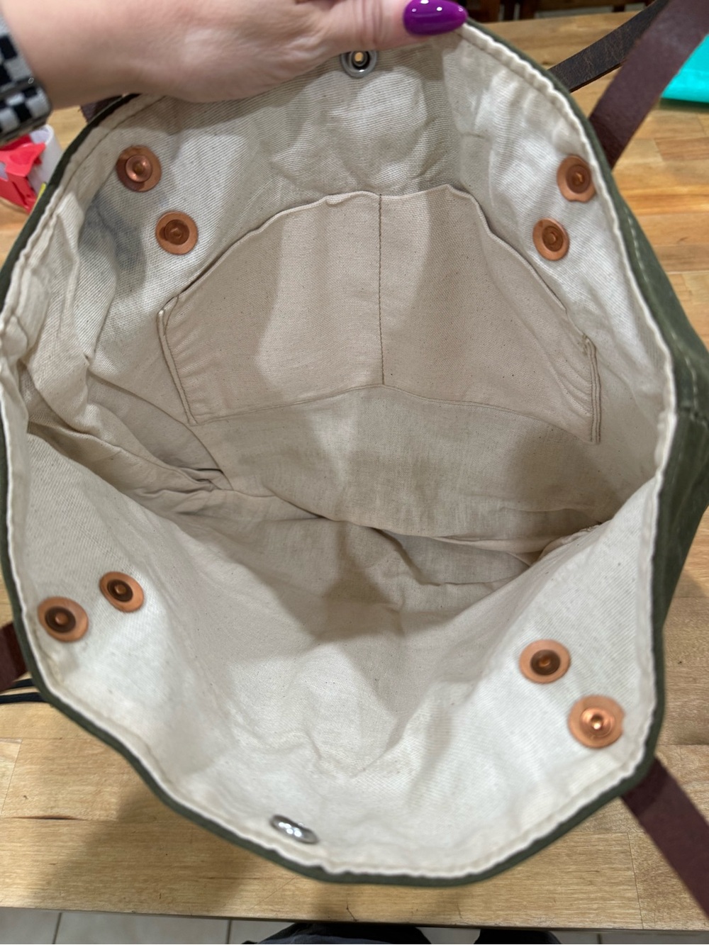 Canvas Tote with Leather Straps in Olive Green, Cream & Dark Brown - Picture 5 of 8